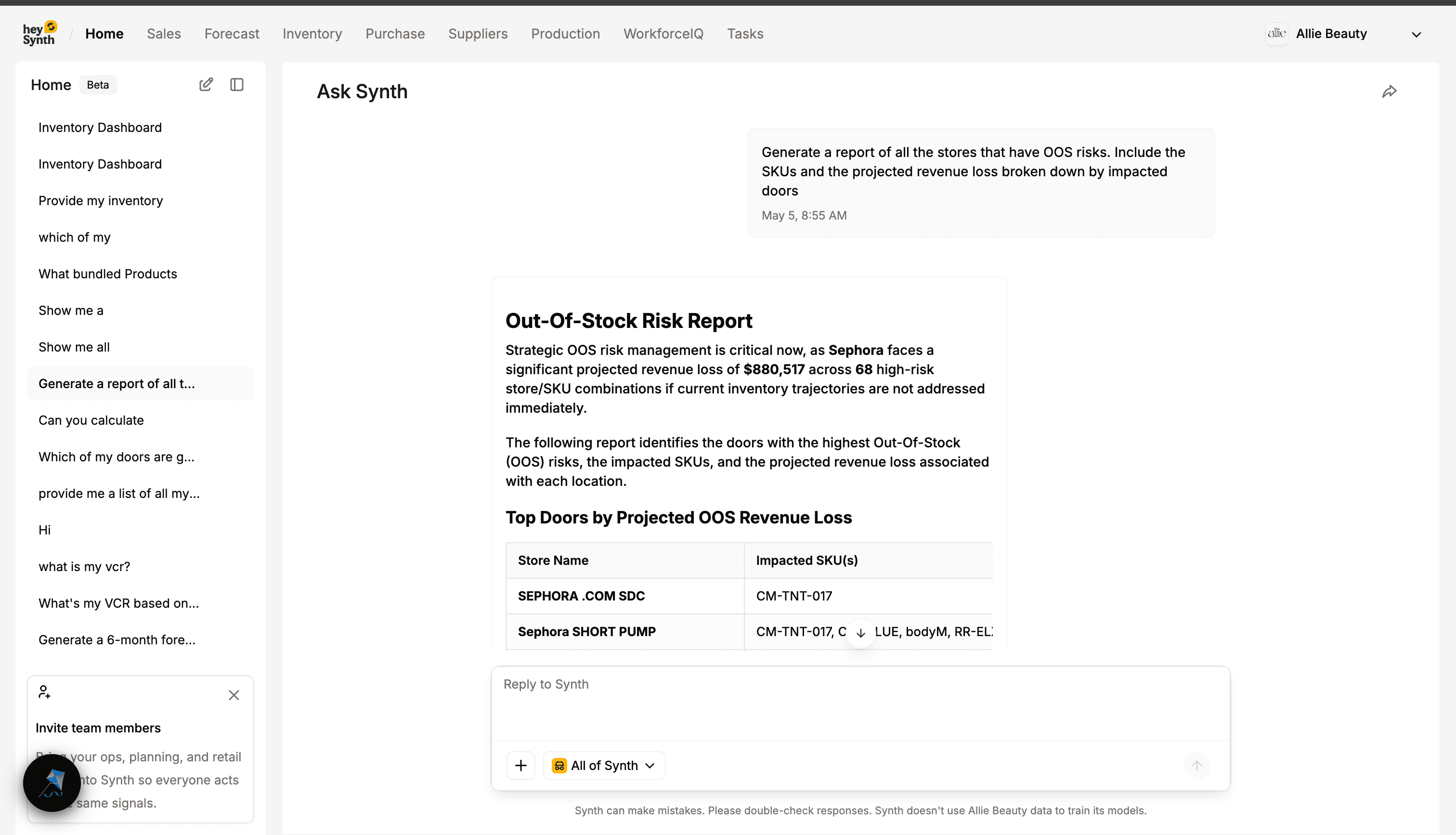 Ask Synth: out-of-stock risk report