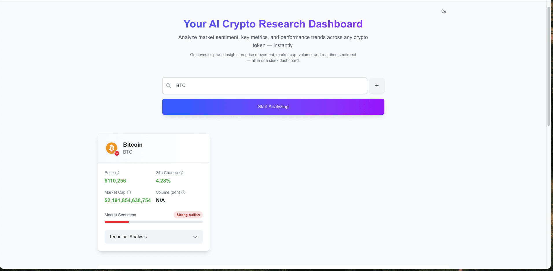 Crypto Sentiment Agent prototype preview